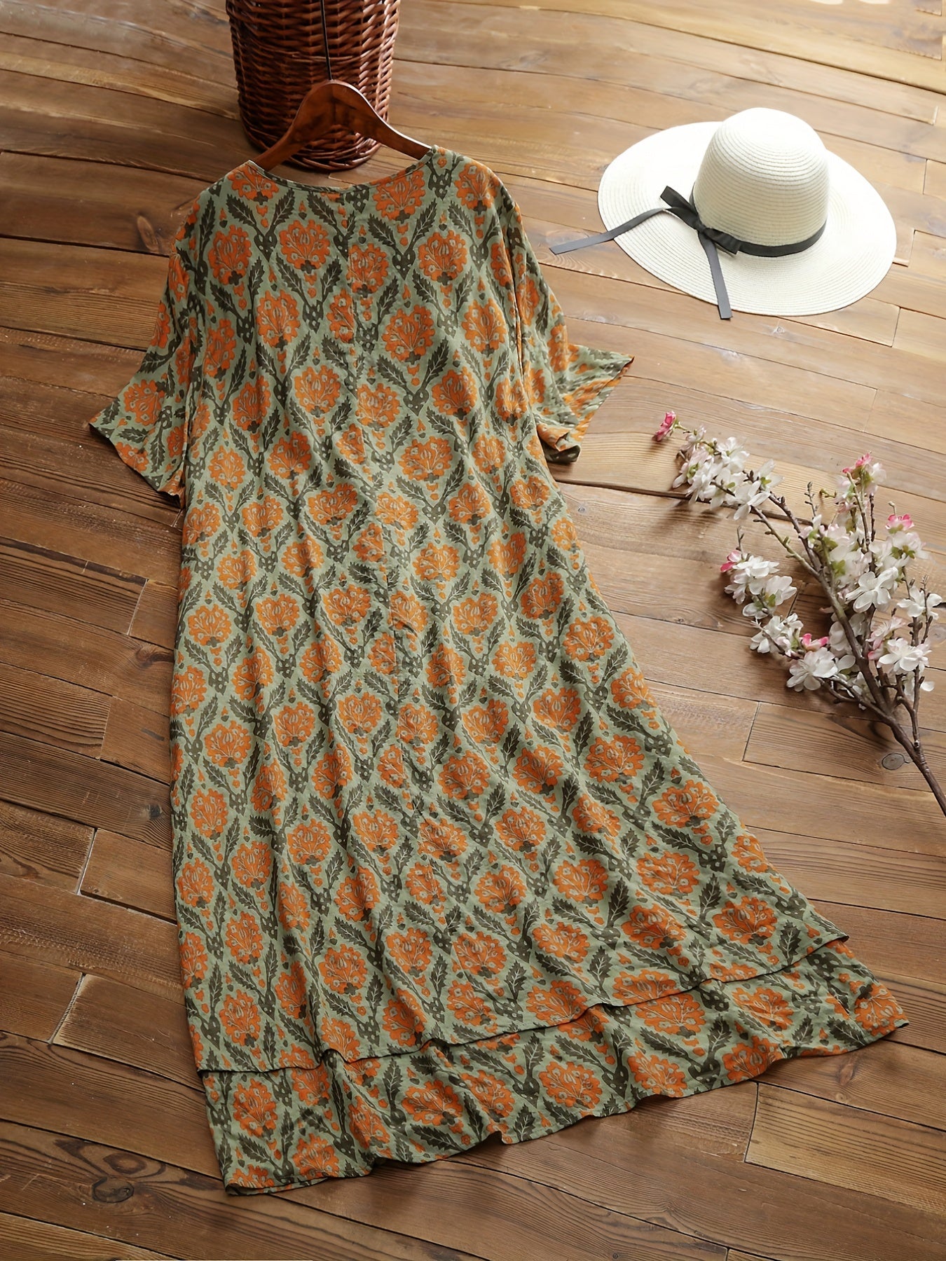  Boho Dress Women's Plus Floral Button Short Sleeve Dress