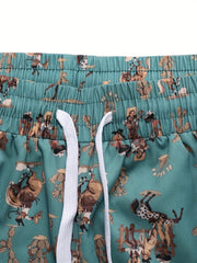 Cowboy Print Plus Size Western Pants Women's Straight Leg Drawstring Trousers