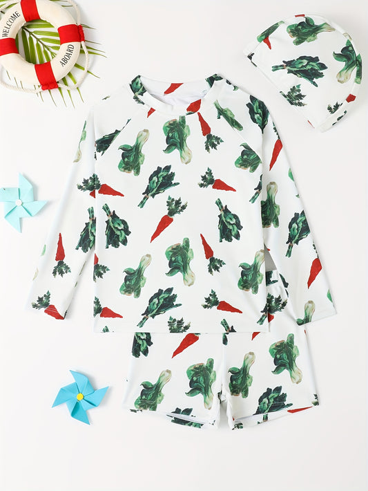 Boy's Vegetable Print Swimsuit Long Sleeve Top & Shorts