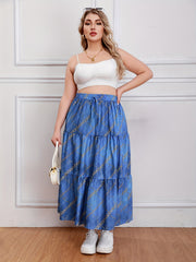  Casual Skirt Chain & Denim Print Drawstring Smock Maxi Skirt