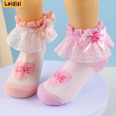 3 Pairs Kids Heart Graphic Lace Trim Princess Crew Socks