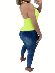 Solid Skinny V Neck Halter Top Casual Backless Halter Top