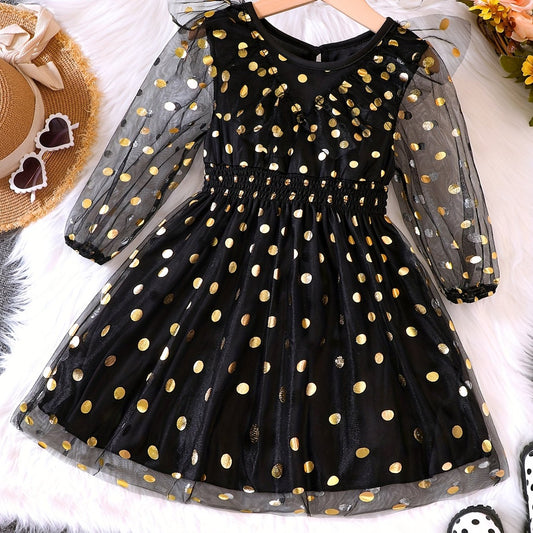 Girl's Golden Dot Long Sleeve Tunic Dress For Party