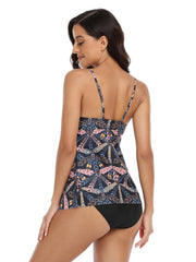 Leaf Print Tiered Layer Bra Trim Tankini Sets Two Piece Swimsuit