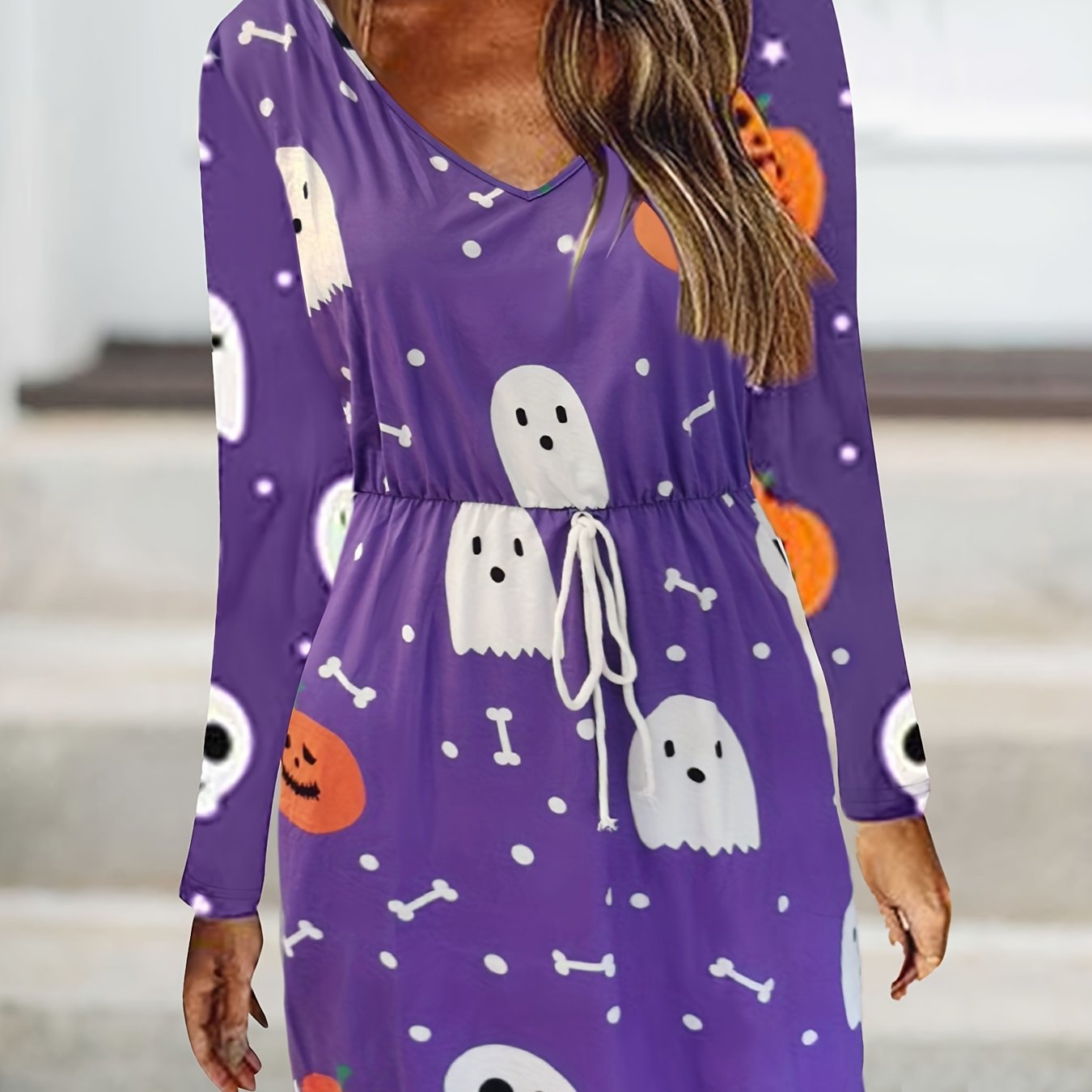 Women's Plus Ghost & Pumpkin Print Drawstring Long Sleeve V Neck Dress