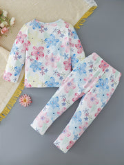 2pcs Toddler Girls Flowers Graphic Pajama Set Long Sleeve Top & Pants Sleepwear