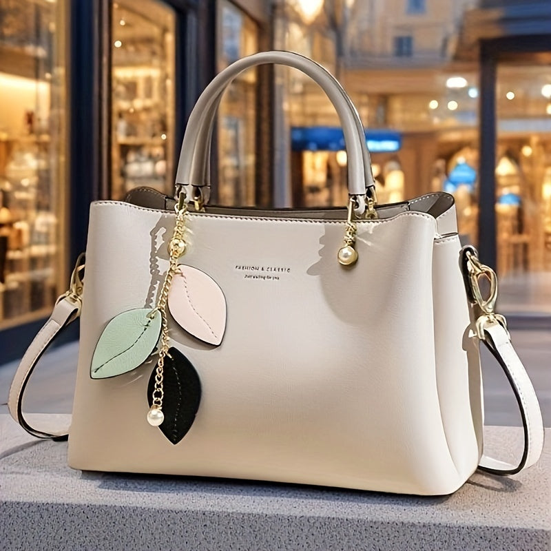 Women's Tote Bag with Detachable Shoulder Strap & Leaf Charm Pendant