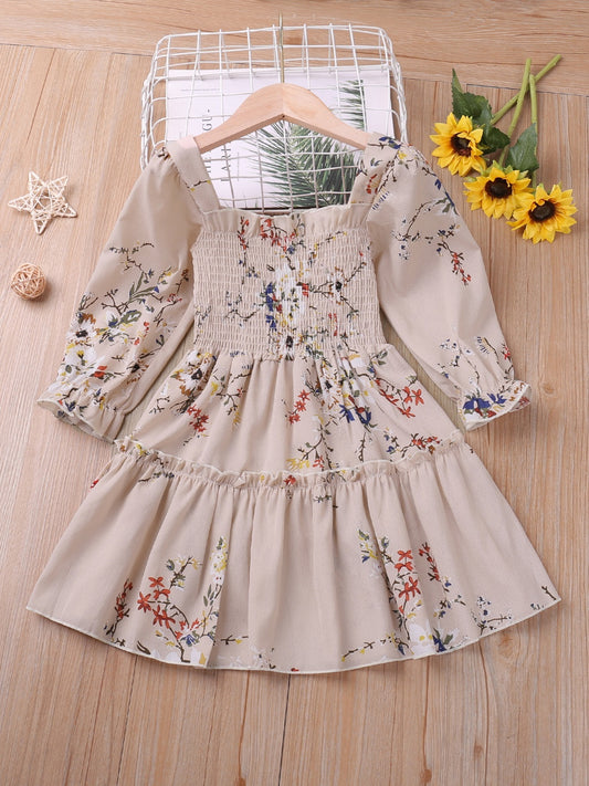 Girls' Shirred Flowers Long Sleeve Dress Kids Party Holiday Summer