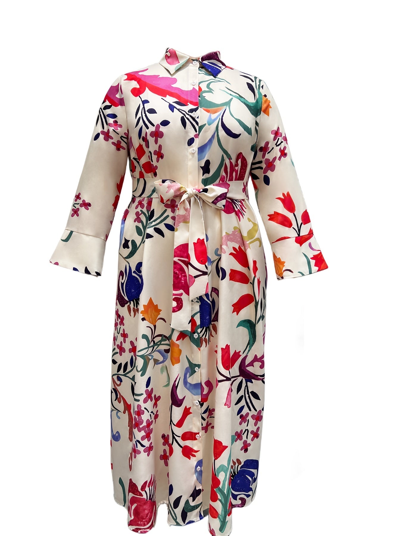  Floral Print Long Sleeve Shirt Dress With Belt