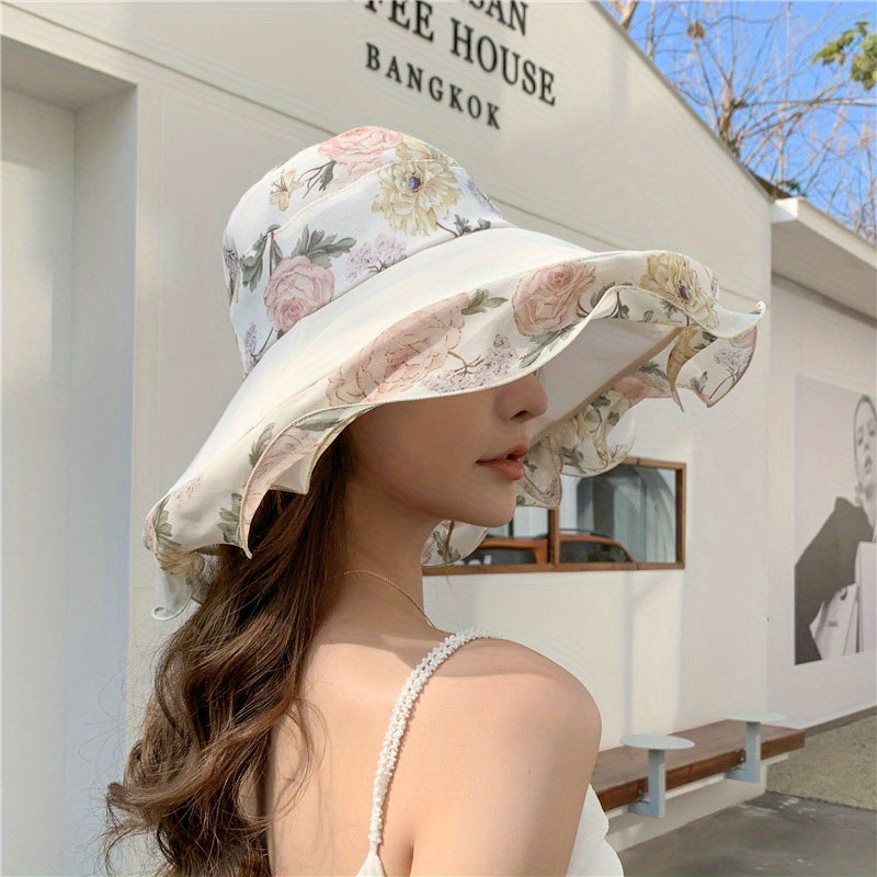 Peony Print Ruffles Sun Hat Flower Stitching Wide Brim Bucket Hat
