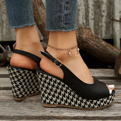 Women's Houndstooth Platform Wedge Sandals Peep Toe Buckle Strap Slingback Heels