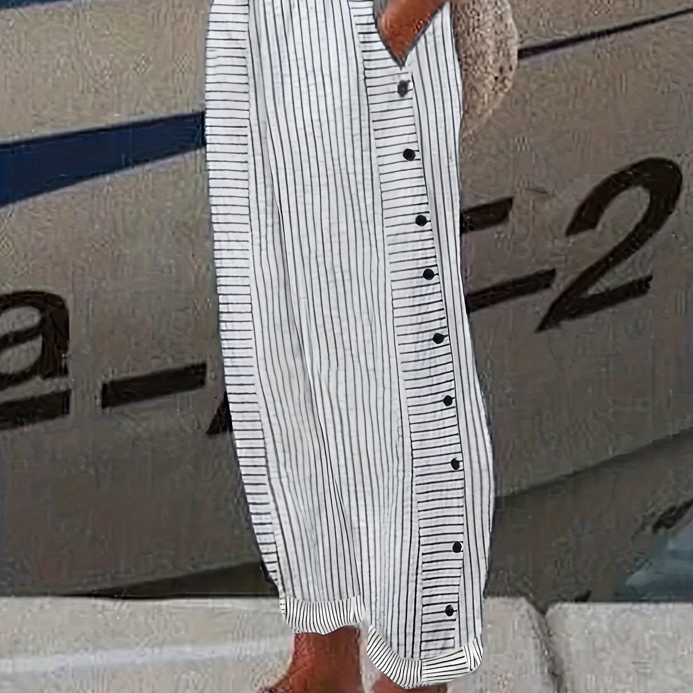  Stripe Print Button Elastic High Rise Trousers