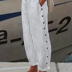  Stripe Print Button Elastic High Rise Trousers