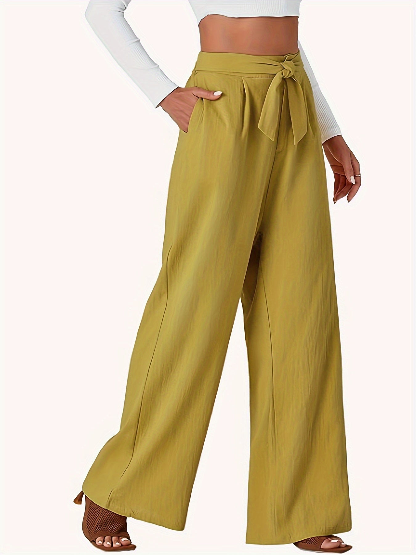  Women's Tie Front Wide Leg Trousers With Pockets