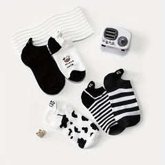 5 Pairs Cartoon Cow Print Socks & Lightweight Ankle Socks Women's Stockings