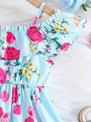 Toddler Girls Ruffle Trim Cold Shoulder Princess Dress Flowers Graphic
