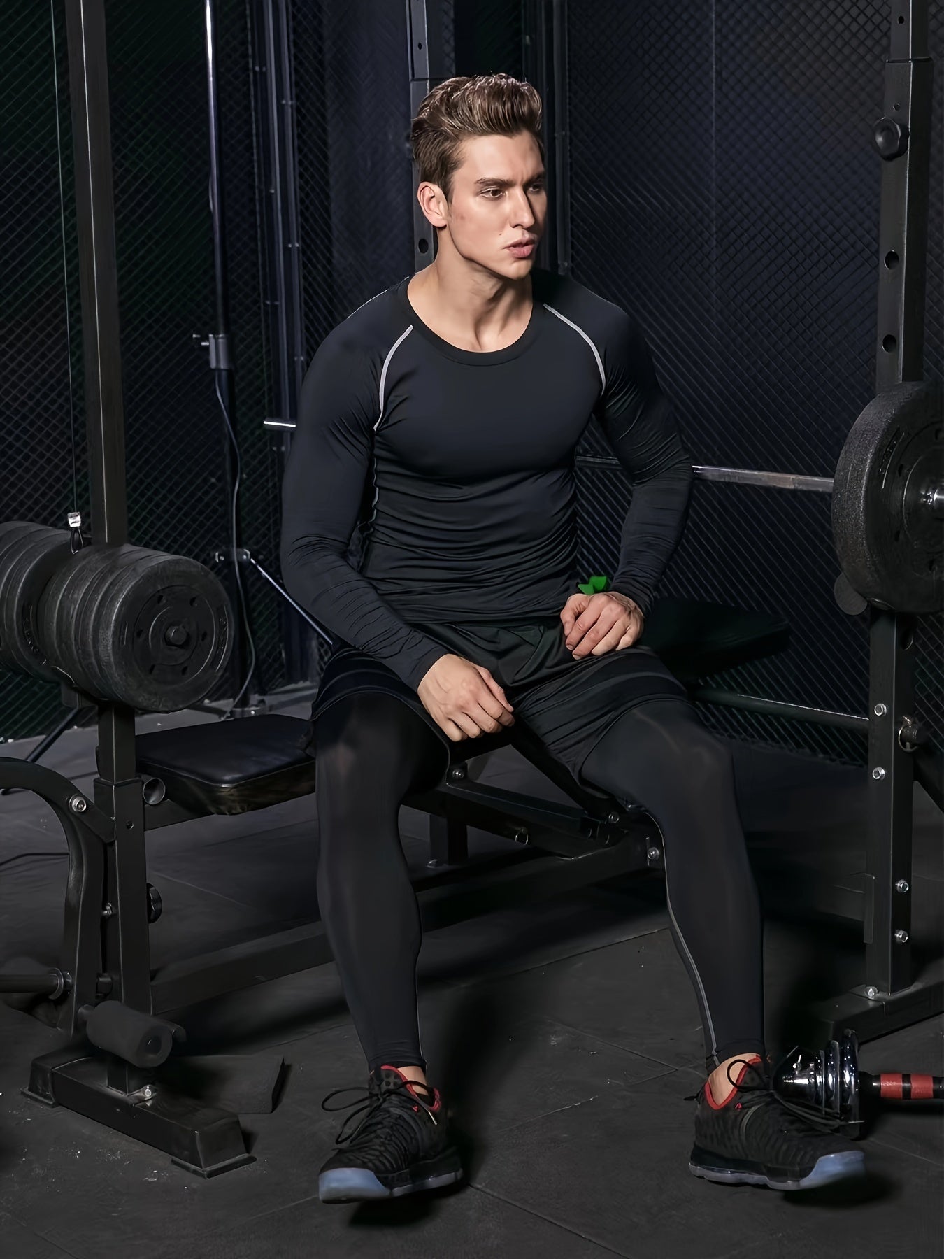 Men's Compression Crew Neck Shirt & Pants 3-Piece Set for Outdoor Fitness