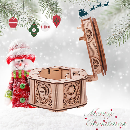 Vintage 3D Puzzle Music Box Layered Mechanical Intricate Carvings Beige Wooden