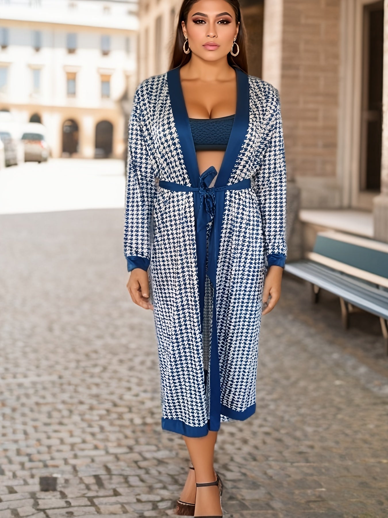 Houndstooth Print Robe & Pants Set