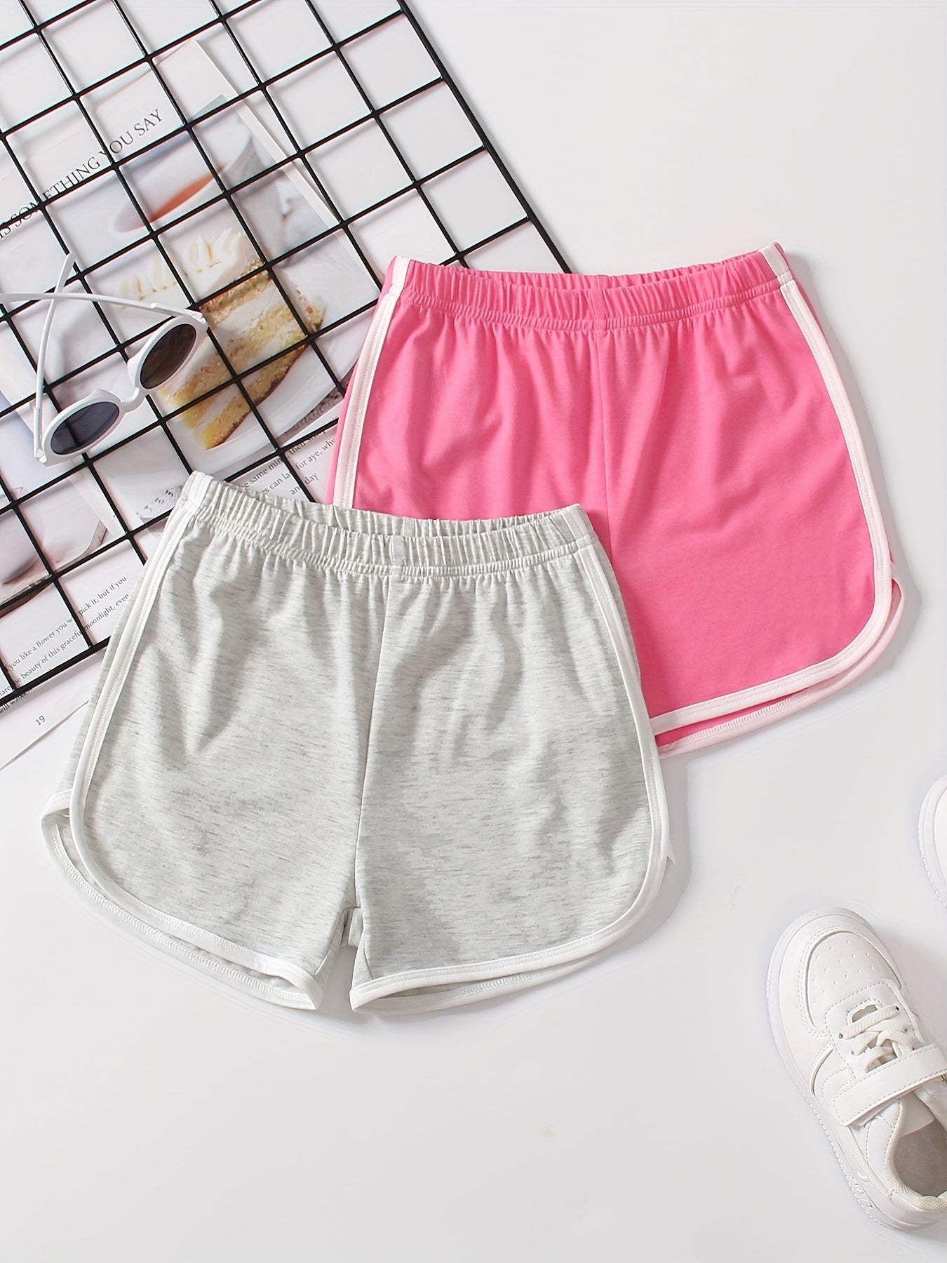2pcs Girls' Contrast Binding Sports Shorts Set For Yoga Outfit