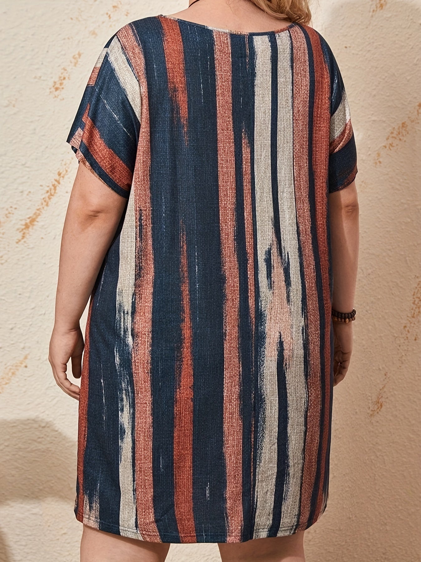  Colorblock Stripe Print Bat Sleeve Dress
