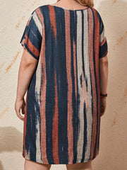  Colorblock Stripe Print Bat Sleeve Dress