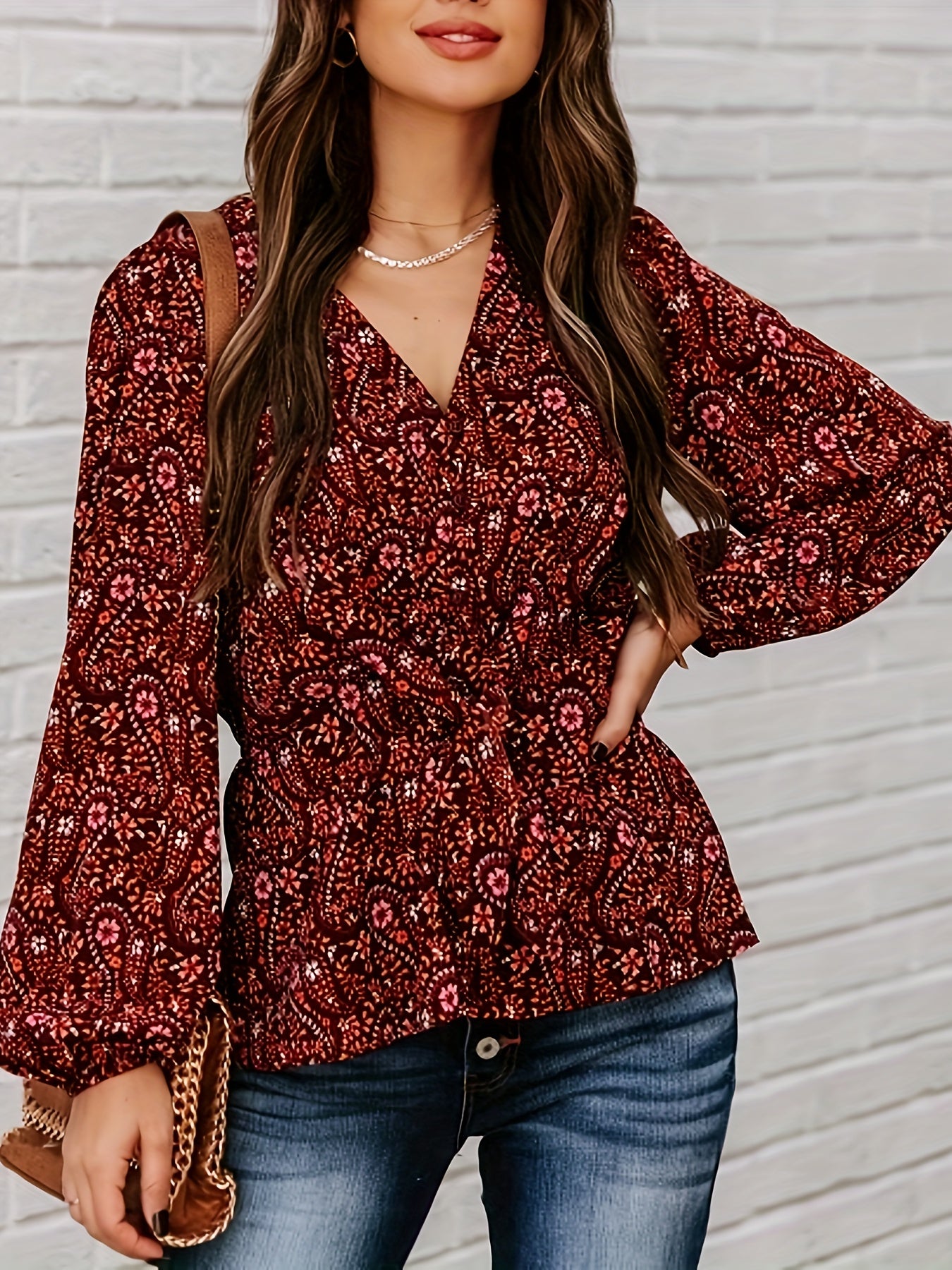 Women's Plus Boho Blouse Paisley Floral Print V Neck