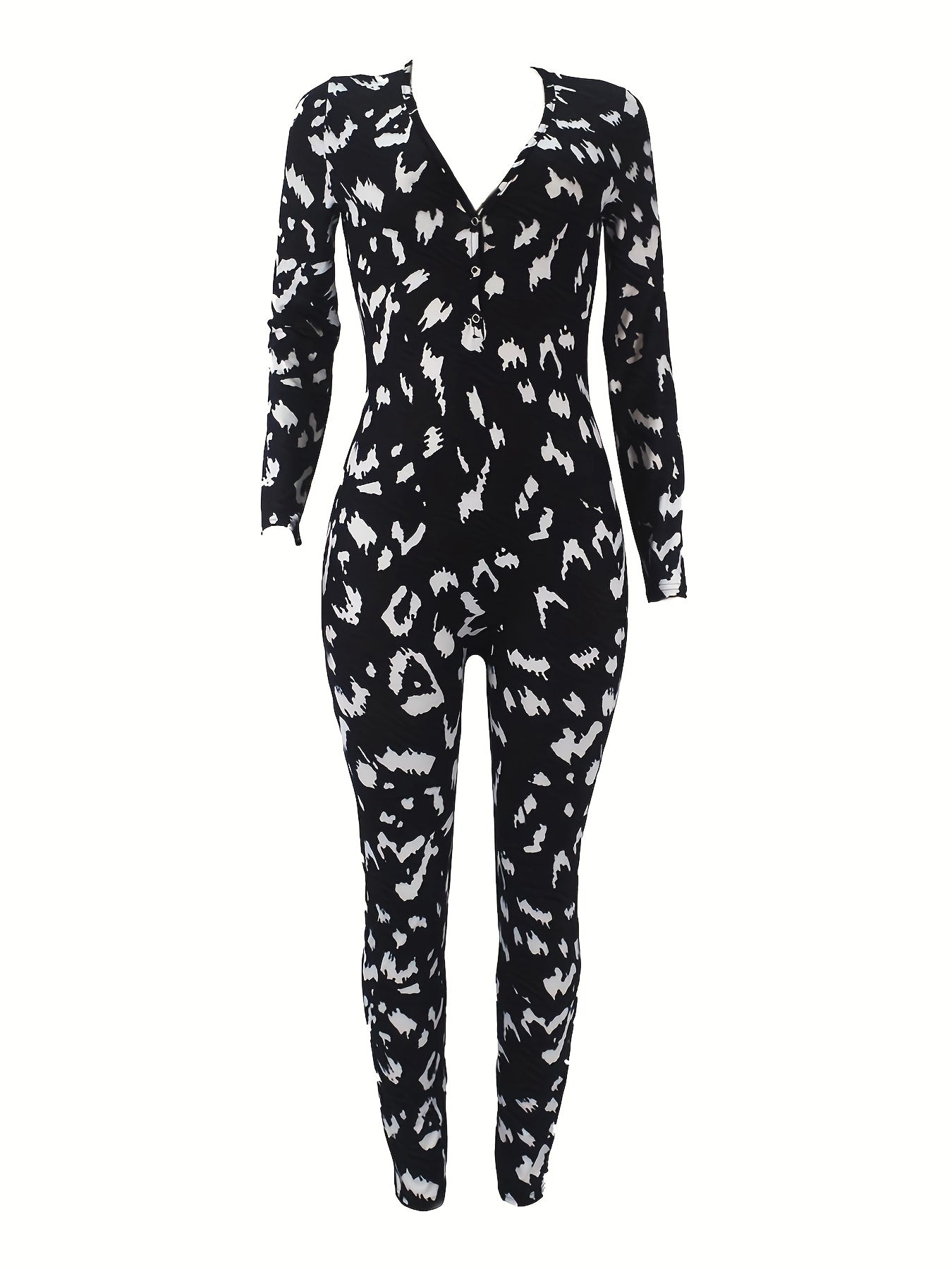 Graffiti Print Lounge Jumpsuit Long Sleeve V Neck Buttons Jumpsuit