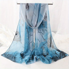 Vintage Lotus Print Chiffon Scarf Hijab Classic Gradient Shawl