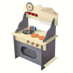 Wooden Play Kitchen Set with Clock Sink & Stovetop Indoor Fun Gift
