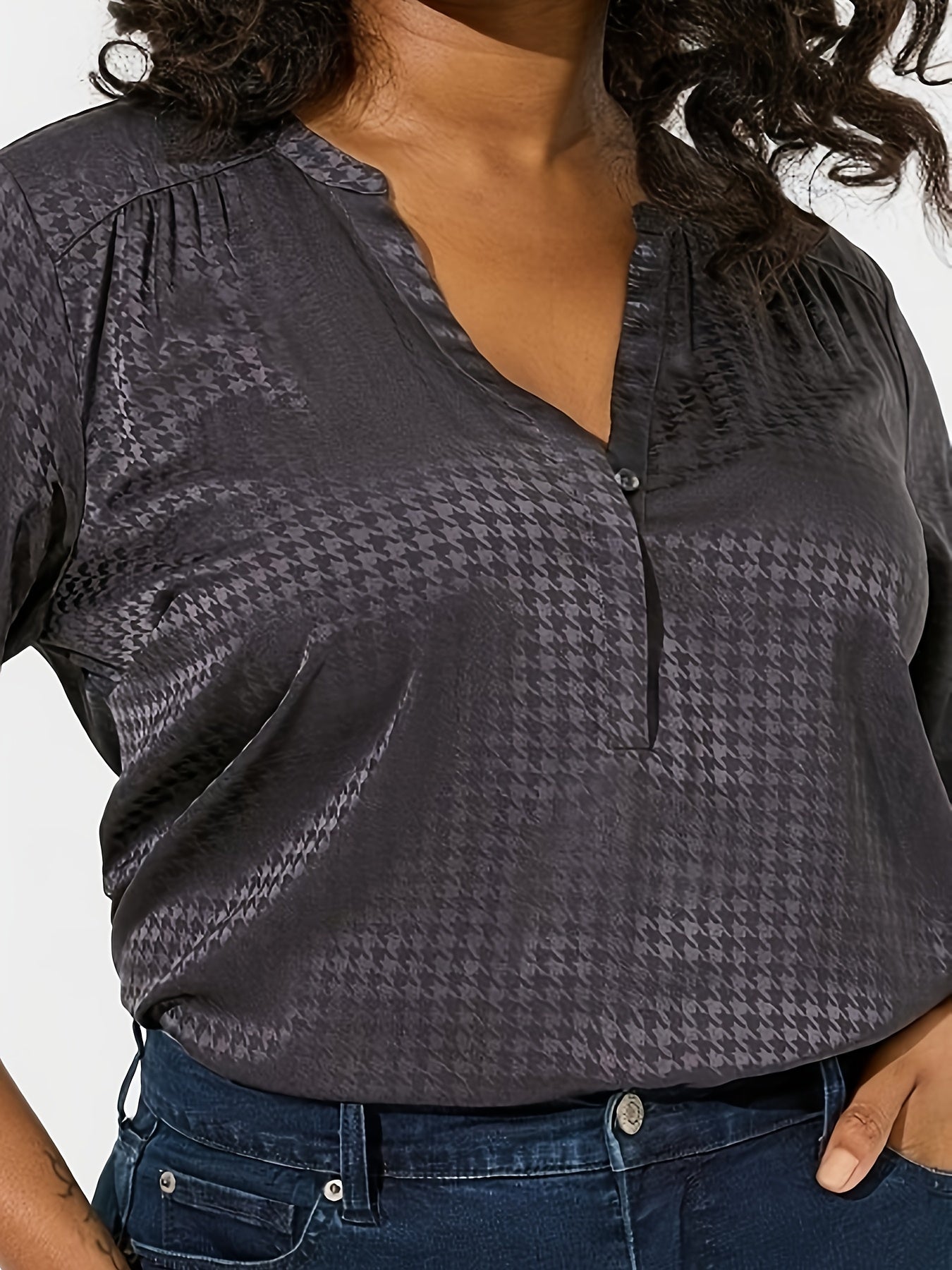  Women's Houndstooth Print Roll Up Long Sleeve Blouse