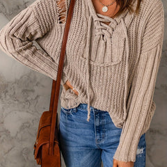  Casual Sweater Women's Plus Solid Lace Up V Neck Hooded Sweater