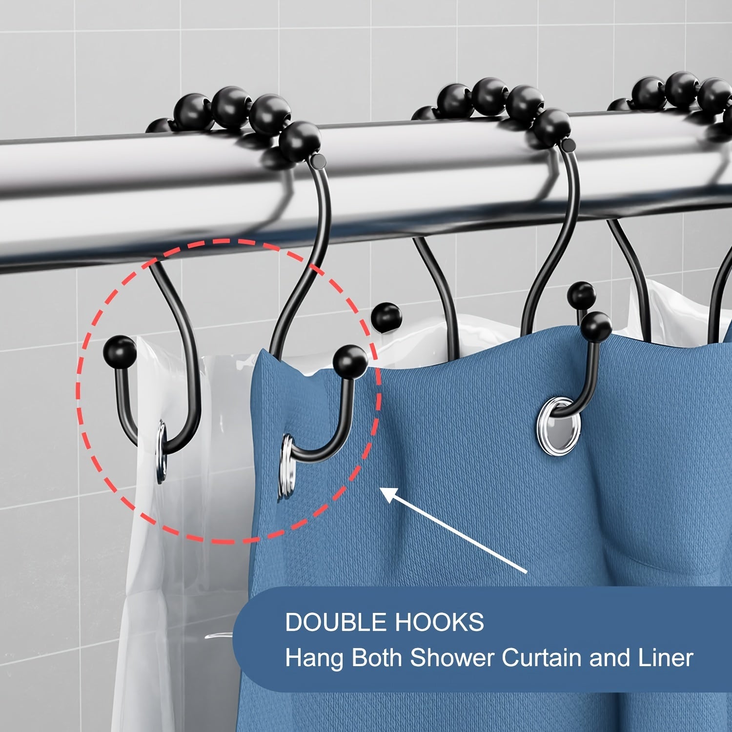 12pcs Double Hook Shower Curtain Ring Rustproof Smooth Glide for Bathroom