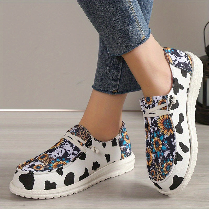 Cow Print Flat Canvas Shoes Sunflower Lace Up Sneakers