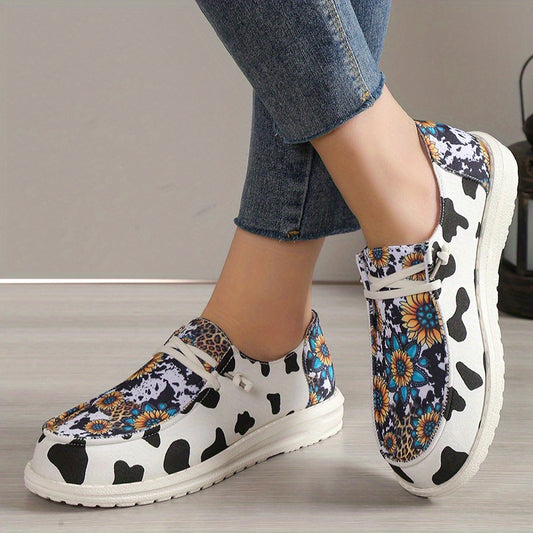 Cow Print Flat Canvas Shoes Sunflower Lace Up Sneakers