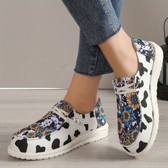 Cow Print Flat Canvas Shoes Sunflower Lace Up Sneakers