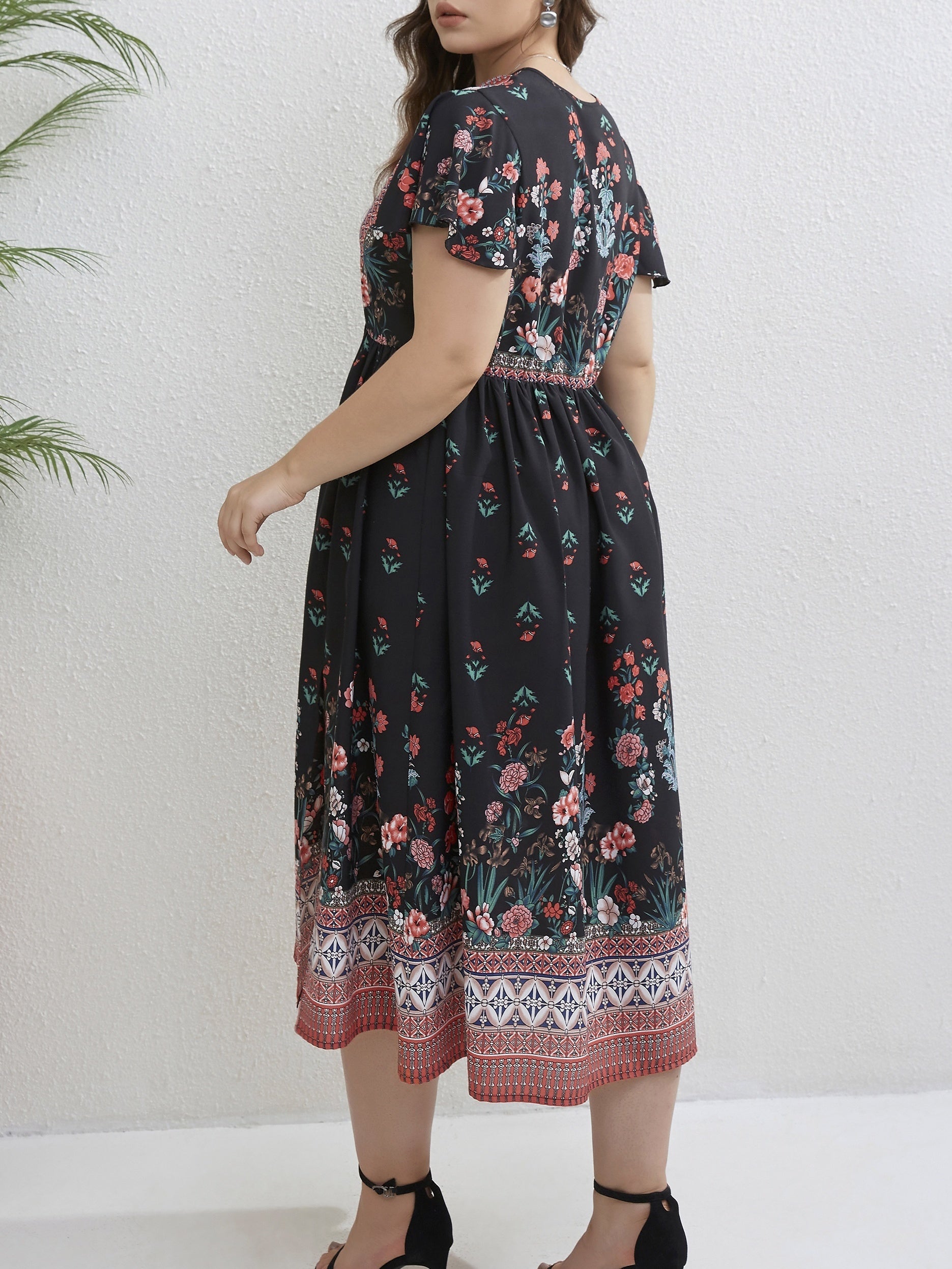 Colorblock Floral Geometric Print Cap Sleeve Midi Dress