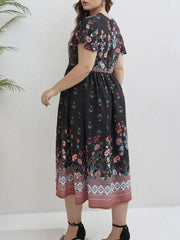  Colorblock Floral Geometric Print Cap Sleeve Midi Dress