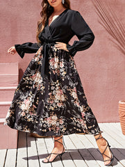 Floral Print Maxi Dress with Flounce Sleeves and Belt