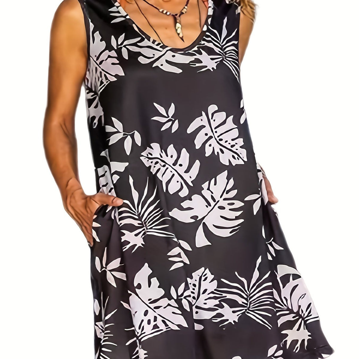 Tropical Print Tank Dress With Pockets