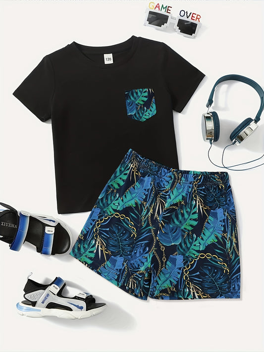 Boys Teen Casual Pocket Patched T shirt & Leaf Shorts Set for Summer