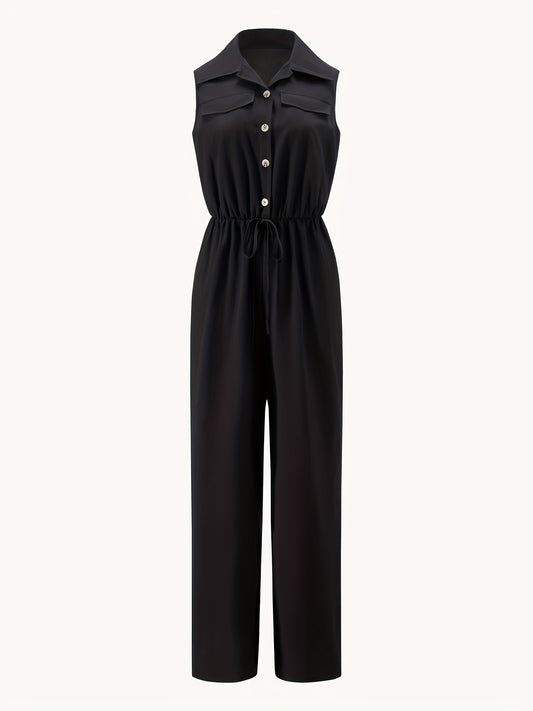 Casual Button Front Jumpsuit Drawstring Waist