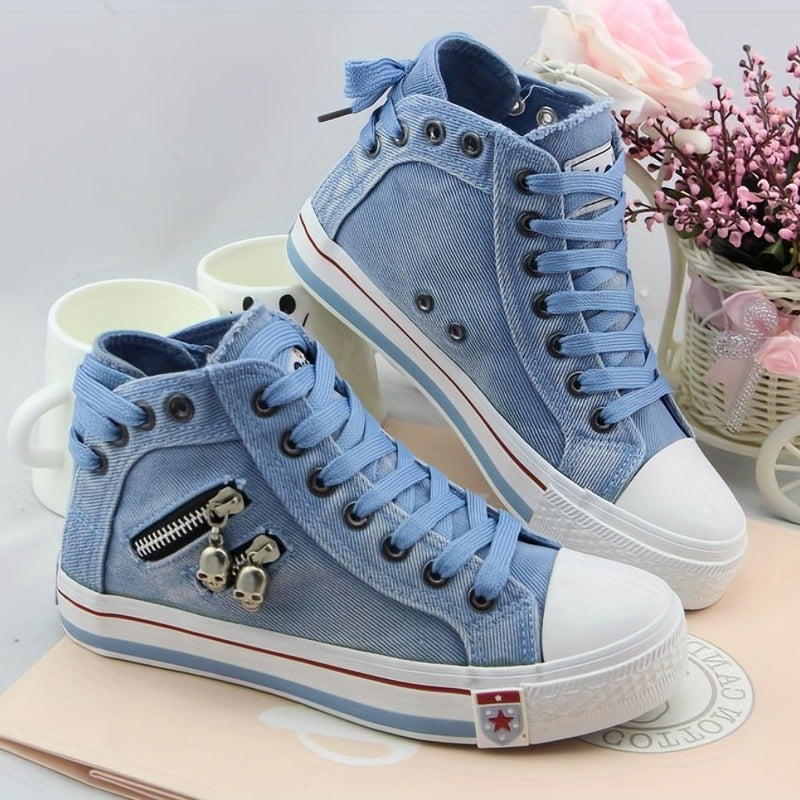 Skull Zipper High Top Canvas Sneakers Lace Up Skate Shoes