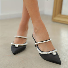 Women's Pearl & Rhinestone Slingback Mules High Heels