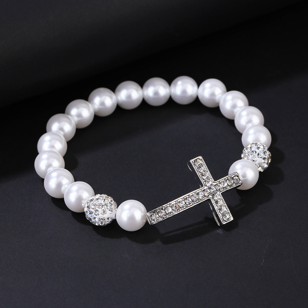 Faux Pearls Cross Bracelet Rhinestone Inlay Women Girls