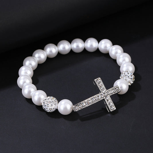 Faux Pearls Cross Bracelet Rhinestone Inlay Women Girls