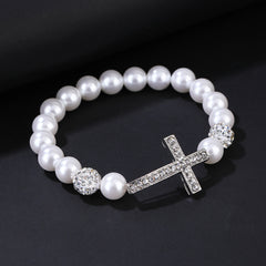 Faux Pearls Cross Bracelet Rhinestone Inlay Women Girls