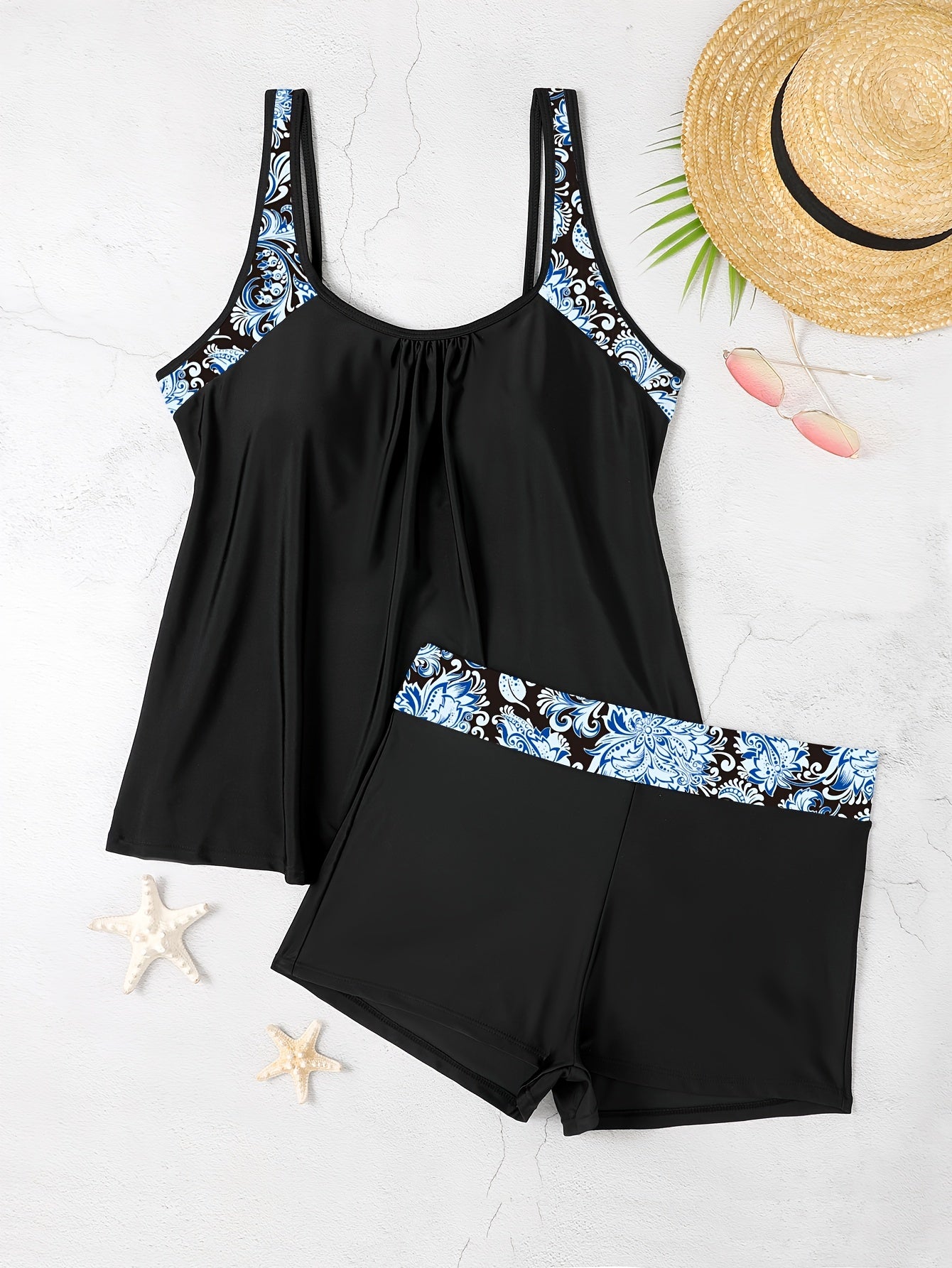 Floral Tankini Set Split Strap Top & Shorts Two Piece