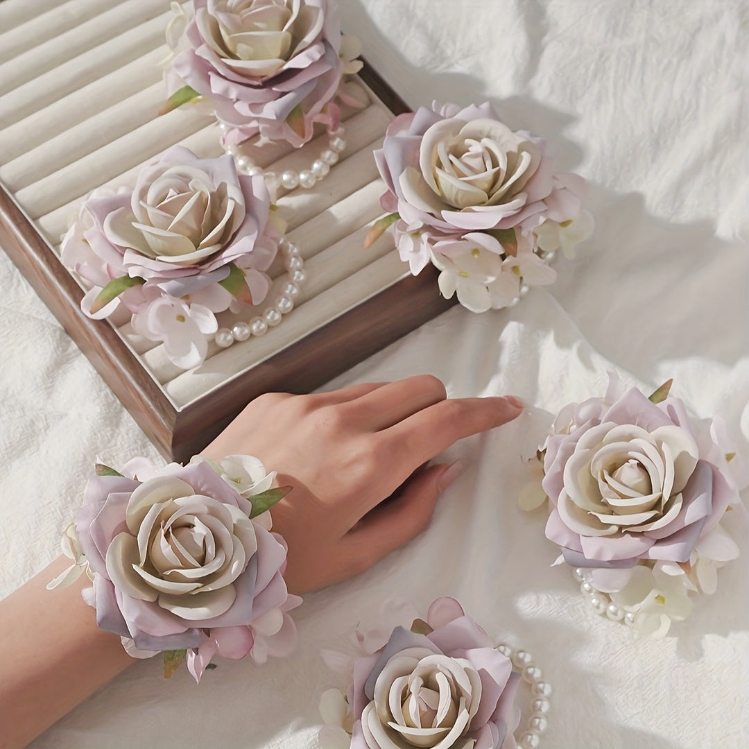 6pcs Rose & Faux Wrist Corsages for Bridal Party