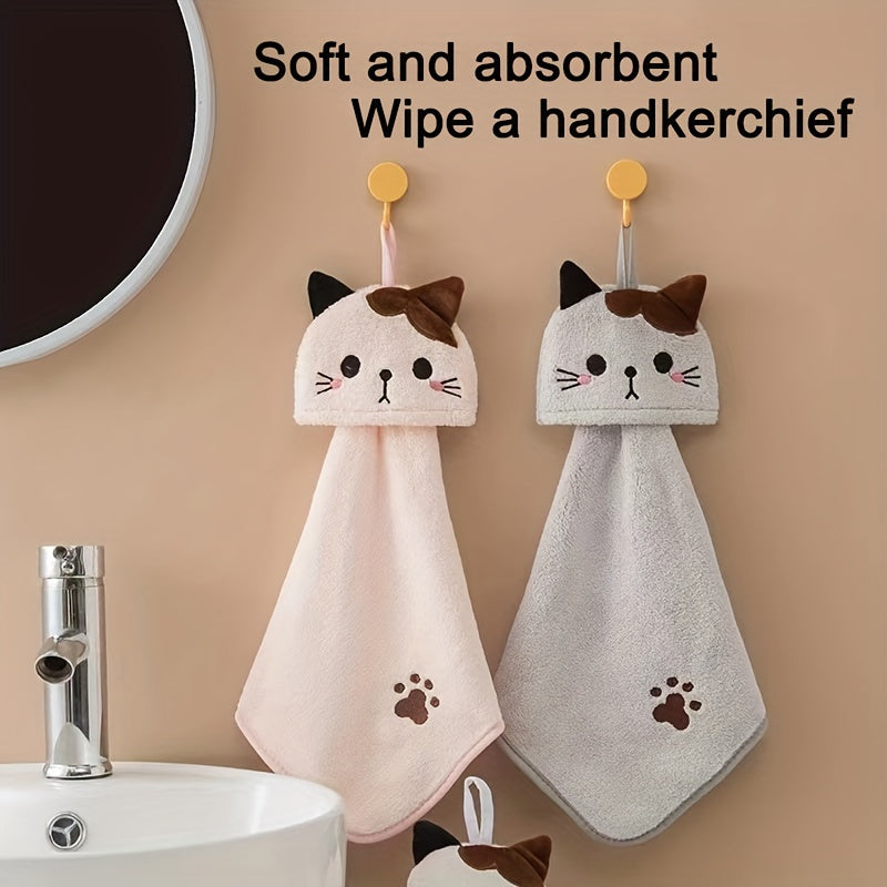 Cartoon Cat Hand Towel Soft Coral Fleece Pocket Towel for Bathroom and Kitchen